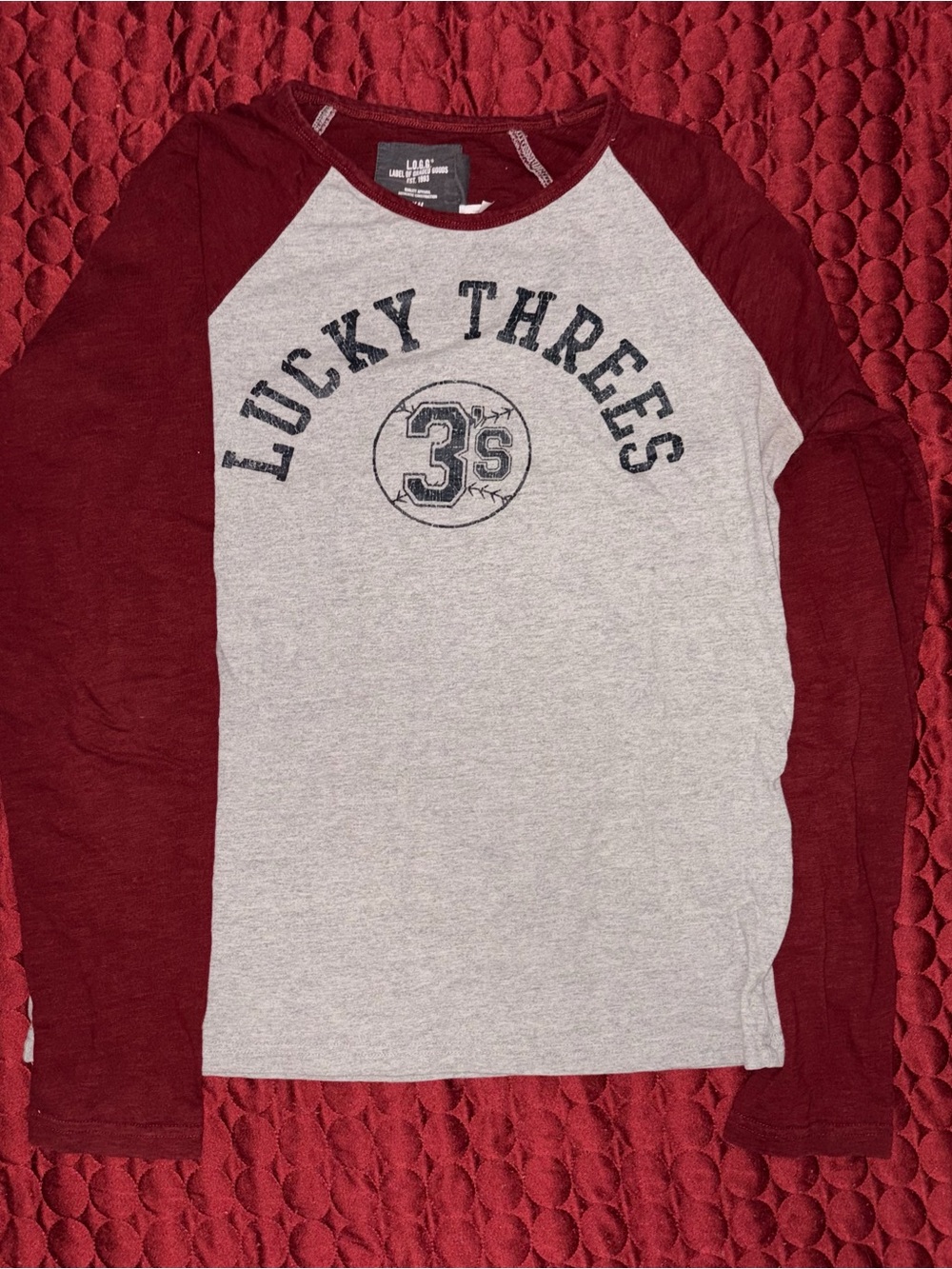H&M Men's Long Sleeve Raglan Tee - Gray Body with Maroon Sleeves